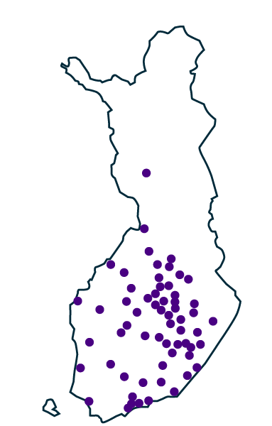 Suomen kartan ääriviivat. Kartalle on sijoitettu violetit pallot vuoden 2024 lopussa Sansian omistaja-asiakkaina olleiden julkisyhteisöjen kotipaikkakuntien kohdalla.